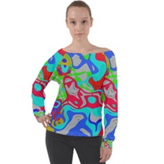 Colorful Distorted Shapes On A Grey Background                                                   Off Shoulder Long Sleeve Velour Top