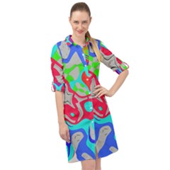 Colorful Distorted Shapes On A Grey Background                                                        Long Sleeve Mini Shirt Dress