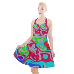 Colorful Distorted Shapes On A Grey Background                                                        Halter Party Swing Dress by LalyLauraFLM