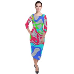 Colorful Distorted Shapes On A Grey Background                                                       Quarter Sleeve Midi Velour Bodycon Dress by LalyLauraFLM