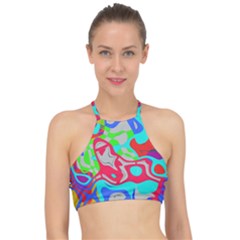 Colorful Distorted Shapes On A Grey Background                                                    Racer Front Bikini Top by LalyLauraFLM