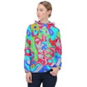 Colorful distorted shapes on a grey background                                                     Women Hooded Front Pocket Windbreaker View1