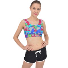 Colorful Distorted Shapes On A Grey Background                                                    V-back Sports Bra by LalyLauraFLM