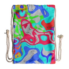 Colorful Distorted Shapes On A Grey Background                                                     Large Drawstring Bag by LalyLauraFLM