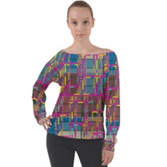 Colorful Shapes Texture                                                 Off Shoulder Long Sleeve Velour Top