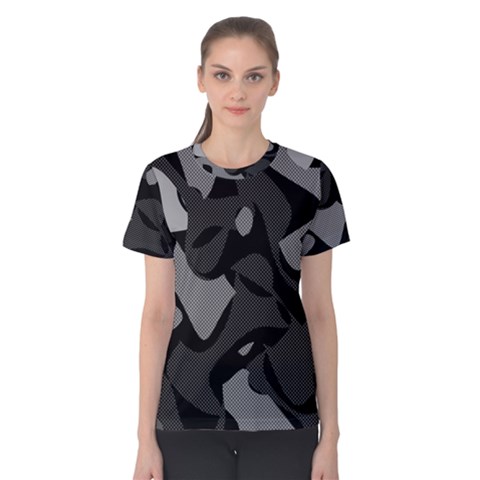 Trippy, Asymmetric Black And White, Paint Splash, Brown, Army Style Camo, Dotted Abstract Pattern Women s Cotton Tee by Casemiro