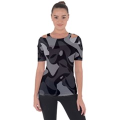 Trippy, Asymmetric Black And White, Paint Splash, Brown, Army Style Camo, Dotted Abstract Pattern Shoulder Cut Out Short Sleeve Top by Casemiro