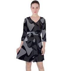 Trippy, Asymmetric Black And White, Paint Splash, Brown, Army Style Camo, Dotted Abstract Pattern Ruffle Dress by Casemiro