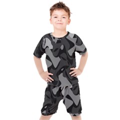 Trippy, Asymmetric Black And White, Paint Splash, Brown, Army Style Camo, Dotted Abstract Pattern Kids  Tee And Shorts Set by Casemiro