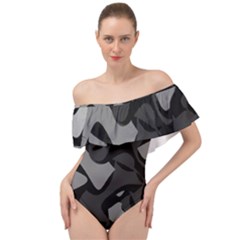 Trippy, Asymmetric Black And White, Paint Splash, Brown, Army Style Camo, Dotted Abstract Pattern Off Shoulder Velour Bodysuit  by Casemiro