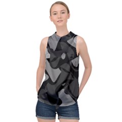 Trippy, Asymmetric Black And White, Paint Splash, Brown, Army Style Camo, Dotted Abstract Pattern High Neck Satin Top by Casemiro