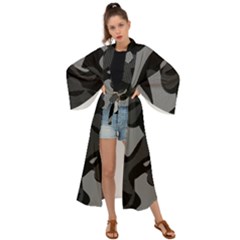 Trippy, Asymmetric Black And White, Paint Splash, Brown, Army Style Camo, Dotted Abstract Pattern Maxi Kimono by Casemiro