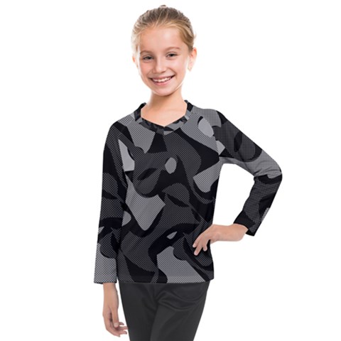 Trippy, Asymmetric Black And White, Paint Splash, Brown, Army Style Camo, Dotted Abstract Pattern Kids  Long Mesh Tee by Casemiro