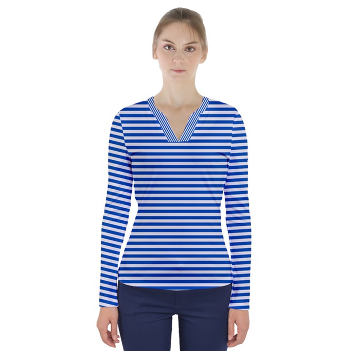 Classic marine stripes pattern, retro stylised striped theme V-Neck Long Sleeve Top