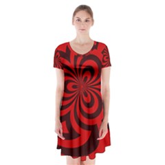 Spiral Abstraction Red, Abstract Curves Pattern, Mandala Style Short Sleeve V-neck Flare Dress by Casemiro