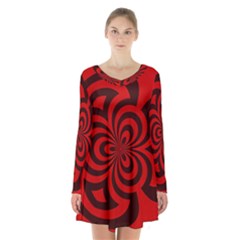 Spiral Abstraction Red, Abstract Curves Pattern, Mandala Style Long Sleeve Velvet V-neck Dress by Casemiro