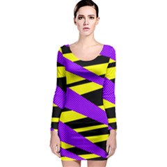 Abstract Triangles, Three Color Dotted Pattern, Purple, Yellow, Black In Saturated Colors Long Sleeve Bodycon Dress by Casemiro