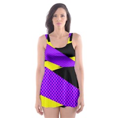 Abstract Triangles, Three Color Dotted Pattern, Purple, Yellow, Black In Saturated Colors Skater Dress Swimsuit by Casemiro