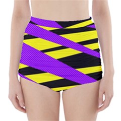 Abstract Triangles, Three Color Dotted Pattern, Purple, Yellow, Black In Saturated Colors High-waisted Bikini Bottoms by Casemiro