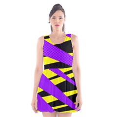 Abstract Triangles, Three Color Dotted Pattern, Purple, Yellow, Black In Saturated Colors Scoop Neck Skater Dress by Casemiro