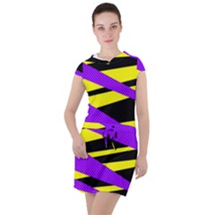 Abstract Triangles, Three Color Dotted Pattern, Purple, Yellow, Black In Saturated Colors Drawstring Hooded Dress by Casemiro