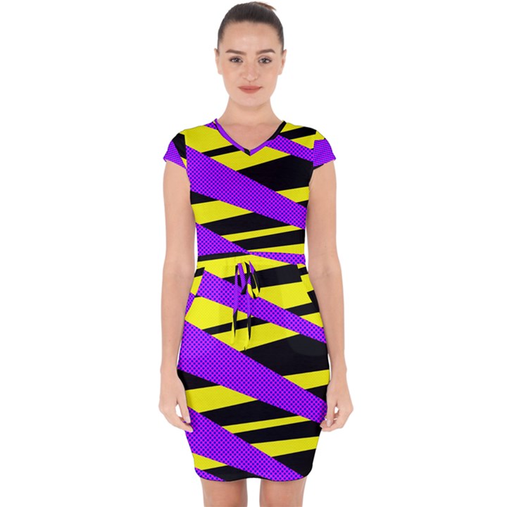 Abstract triangles, three color dotted pattern, purple, yellow, black in saturated colors Capsleeve Drawstring Dress 