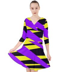 Abstract Triangles, Three Color Dotted Pattern, Purple, Yellow, Black In Saturated Colors Quarter Sleeve Front Wrap Dress by Casemiro