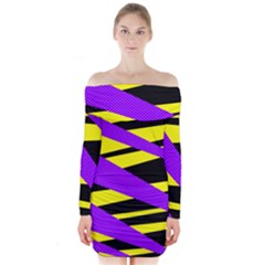 Abstract Triangles, Three Color Dotted Pattern, Purple, Yellow, Black In Saturated Colors Long Sleeve Off Shoulder Dress by Casemiro