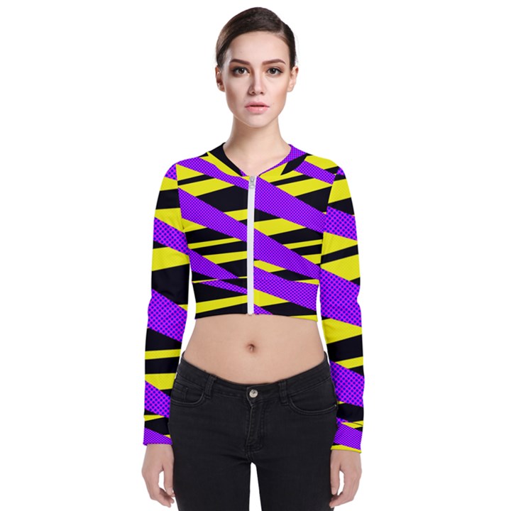 Abstract triangles, three color dotted pattern, purple, yellow, black in saturated colors Long Sleeve Zip Up Bomber Jacket