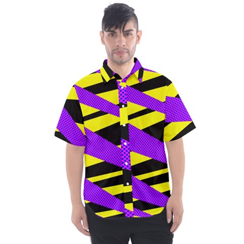 Abstract Triangles, Three Color Dotted Pattern, Purple, Yellow, Black In Saturated Colors Men s Short Sleeve Shirt by Casemiro