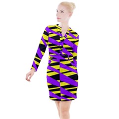 Abstract Triangles, Three Color Dotted Pattern, Purple, Yellow, Black In Saturated Colors Button Long Sleeve Dress by Casemiro