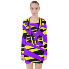 Abstract Triangles, Three Color Dotted Pattern, Purple, Yellow, Black In Saturated Colors V-neck Bodycon Long Sleeve Dress by Casemiro