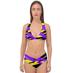 Abstract Triangles, Three Color Dotted Pattern, Purple, Yellow, Black In Saturated Colors Double Strap Halter Bikini Set by Casemiro