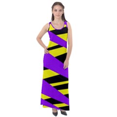 Abstract Triangles, Three Color Dotted Pattern, Purple, Yellow, Black In Saturated Colors Sleeveless Velour Maxi Dress