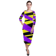 Abstract Triangles, Three Color Dotted Pattern, Purple, Yellow, Black In Saturated Colors Quarter Sleeve Midi Velour Bodycon Dress by Casemiro