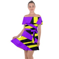 Abstract Triangles, Three Color Dotted Pattern, Purple, Yellow, Black In Saturated Colors Off Shoulder Velour Dress by Casemiro