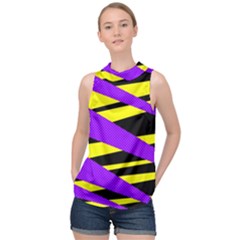 Abstract Triangles, Three Color Dotted Pattern, Purple, Yellow, Black In Saturated Colors High Neck Satin Top by Casemiro