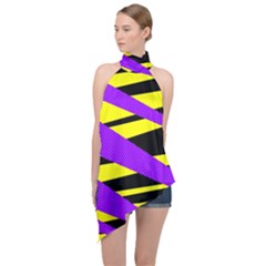 Abstract Triangles, Three Color Dotted Pattern, Purple, Yellow, Black In Saturated Colors Halter Asymmetric Satin Top by Casemiro