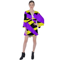 Abstract Triangles, Three Color Dotted Pattern, Purple, Yellow, Black In Saturated Colors V-neck Flare Sleeve Mini Dress by Casemiro