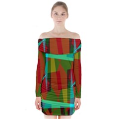 Rainbow Colors Palette Mix, Abstract Triangles, Asymmetric Pattern Long Sleeve Off Shoulder Dress by Casemiro