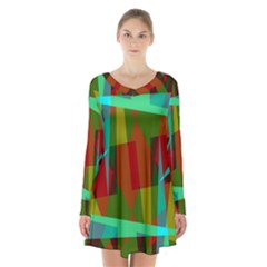 Rainbow Colors Palette Mix, Abstract Triangles, Asymmetric Pattern Long Sleeve Velvet V-neck Dress by Casemiro