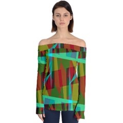 Rainbow Colors Palette Mix, Abstract Triangles, Asymmetric Pattern Off Shoulder Long Sleeve Top by Casemiro