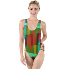 Rainbow Colors Palette Mix, Abstract Triangles, Asymmetric Pattern High Leg Strappy Swimsuit by Casemiro