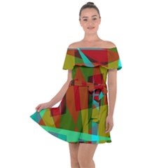 Rainbow Colors Palette Mix, Abstract Triangles, Asymmetric Pattern Off Shoulder Velour Dress by Casemiro