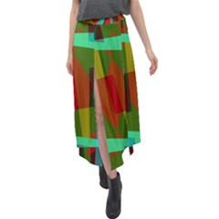 Rainbow Colors Palette Mix, Abstract Triangles, Asymmetric Pattern Velour Split Maxi Skirt by Casemiro