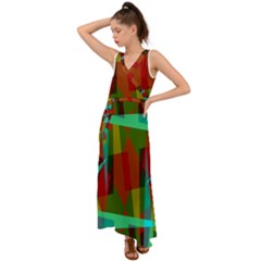 Rainbow Colors Palette Mix, Abstract Triangles, Asymmetric Pattern V-neck Chiffon Maxi Dress by Casemiro