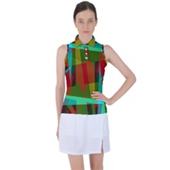 Rainbow Colors Palette Mix, Abstract Triangles, Asymmetric Pattern Women s Sleeveless Polo Tee