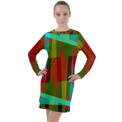 Rainbow Colors Palette Mix, Abstract Triangles, Asymmetric Pattern Long Sleeve Hoodie Dress by Casemiro