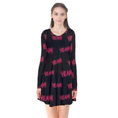 Yeah Word Motif Print Pattern Long Sleeve V-neck Flare Dress