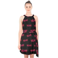 Yeah Word Motif Print Pattern Halter Collar Waist Tie Chiffon Dress